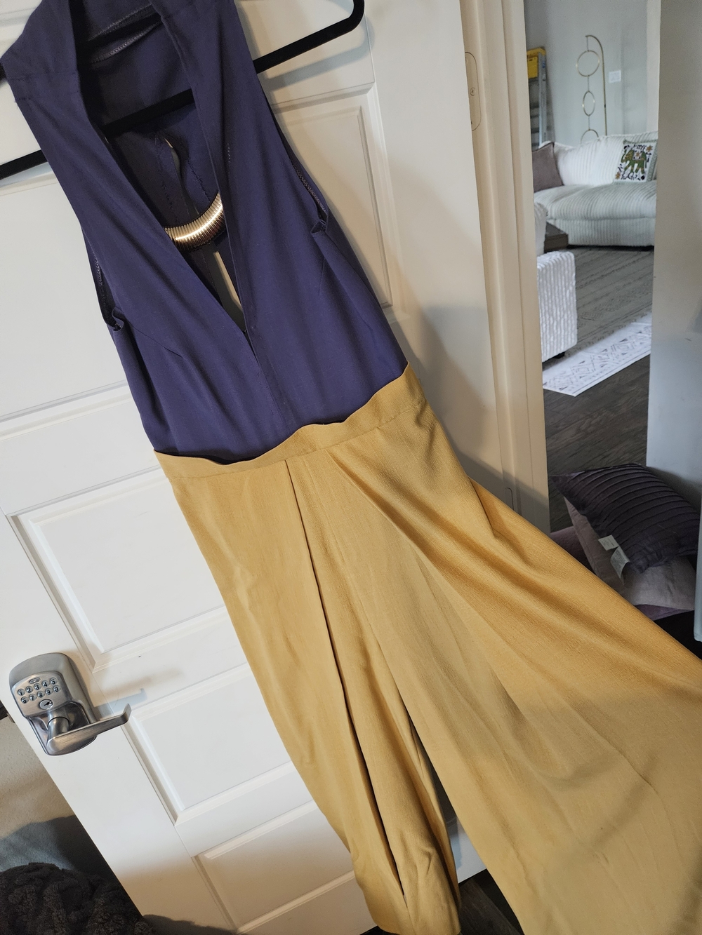 Sleeveless Two-Tone Jumpsuit  Navy and Mustard w/Back Slit and Attached Necklace